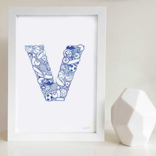 The Sporty letter 'V' artwork was illustrated by Hayley Lauren in Melbourne, Australia. It is the perfect artwork for a child's room that loves sports!