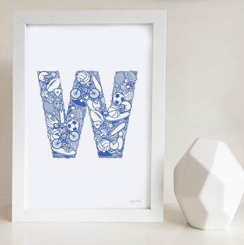 The Sporty letter 'w' artwork was illustrated by Hayley Lauren in Melbourne, Australia. It is the perfect artwork for a child's room that loves sports!