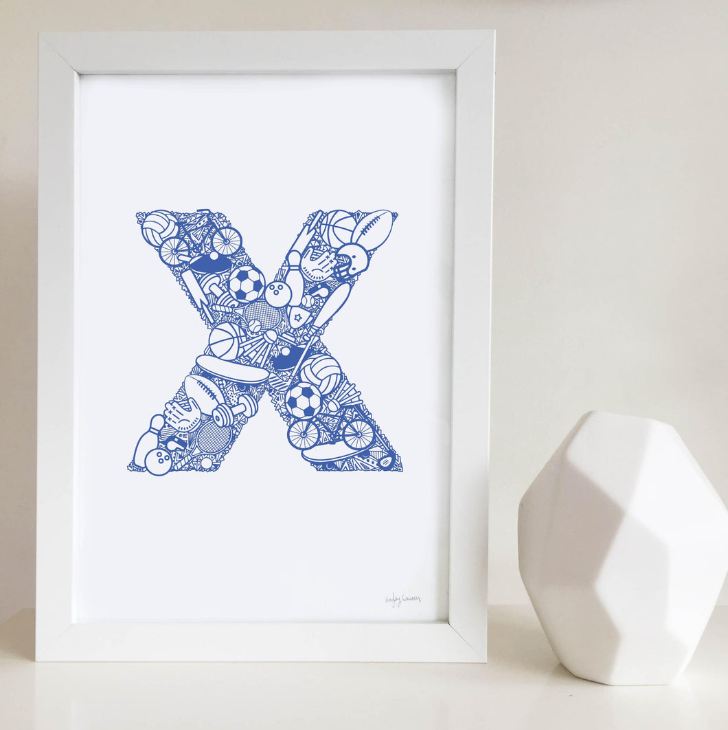 The Sporty letter 'X' artwork was illustrated by Hayley Lauren in Melbourne, Australia. It is the perfect artwork for a child's room that loves sports!