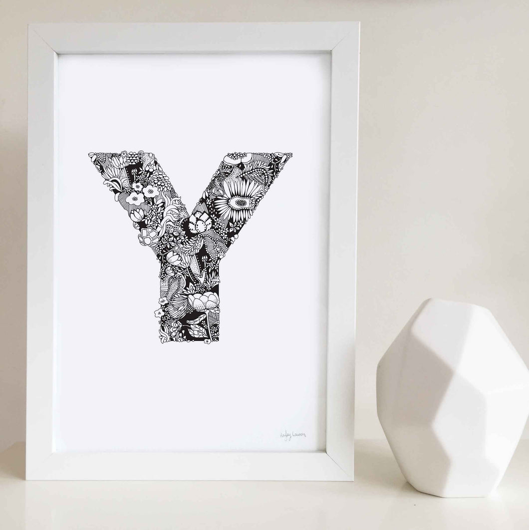 The floral letter 'Y' artwork was illustrated by Hayley Lauren in Melbourne, Australia. It is the perfect artwork to personalise a nursery or kids bedroom. 