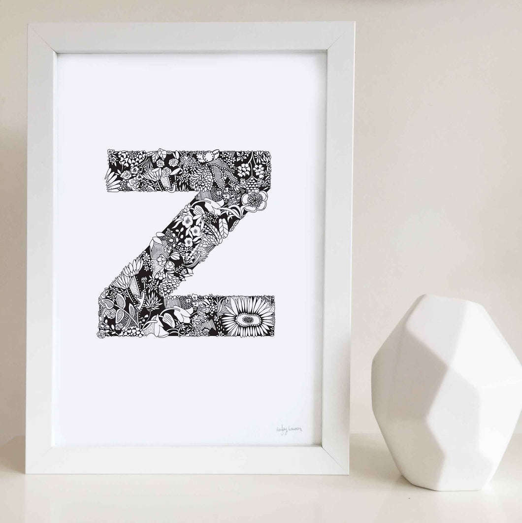 The floral letter 'Z' artwork was illustrated by Hayley Lauren in Melbourne, Australia. It is the perfect artwork to personalise a nursery or kids bedroom. 