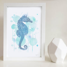 seahorse blue water colour zentangle illustration unisex artwork for nursery or kids bedroom australia
