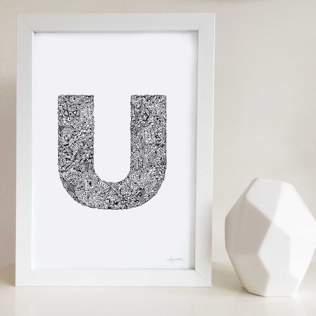 letter U artwork illustrated by Hayley Lauren Design for nurseries or kids bedrooms 