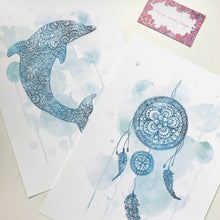 dolphin and dreamcatcher blue water colour zentangle illustration artwork for nursery or kids bedroom australia
