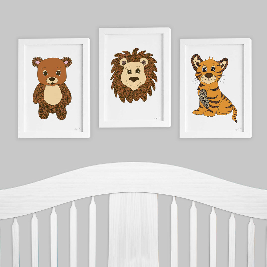 Lion Tiger Bear Set of 3 nursery kids room prints