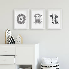 lion monkey cow cute zentangle black and white art print illustrations for baby room, toddler, kids bedroom shared unisex playroom by hayley lauren design free shipping australia wide 