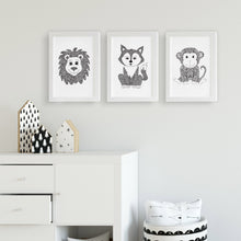 fox monkey lion cute zentangle black and white artwork idea for baby room, toddler, kids bedroom shared unisex playroom by hayley lauren design free shipping australia wide 