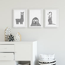 llama sloth and meerkat nursery or kids bedroom art prints by Hayley Lauren Design