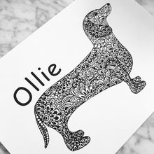 Ollie the dachshund sausage dog illustration zentangle art by Hayley Lauren Design Australia