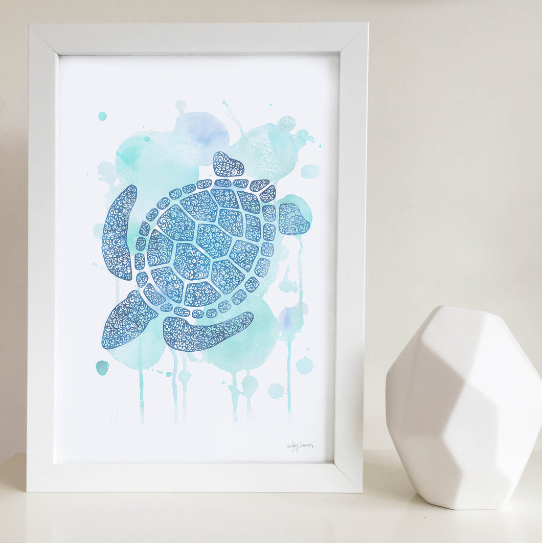 Turtle blue water colour zentangle illustration unisex artwork for nursery or kids bedroom australia