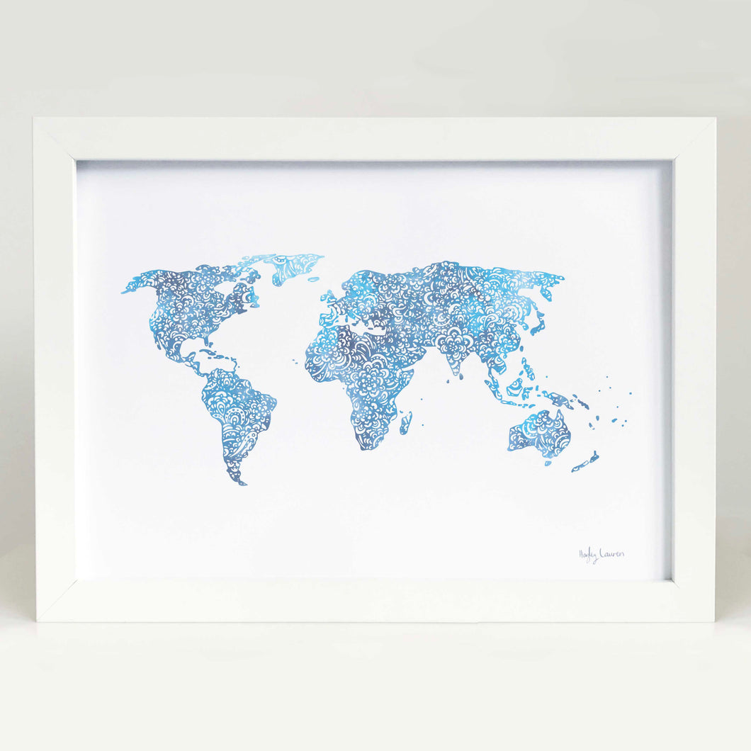 World Map in Blue Art Print